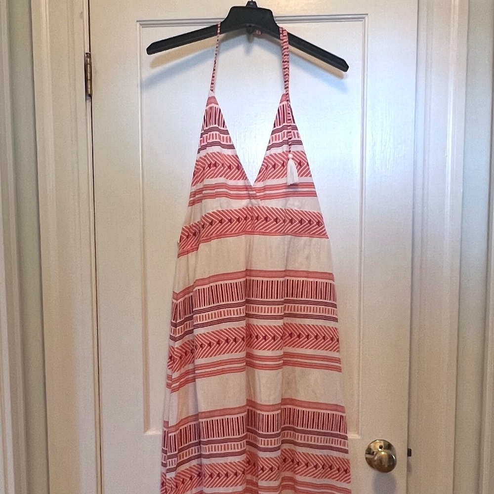 O'Neill Dress Women's M Orange White Stripe Sundress Halter Backless V Neck Maxi